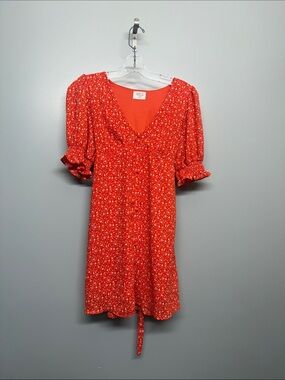 Sienna Sky Coral Orange Red Floral Pattern V-Neck Smocked Sleeve Mini Dress